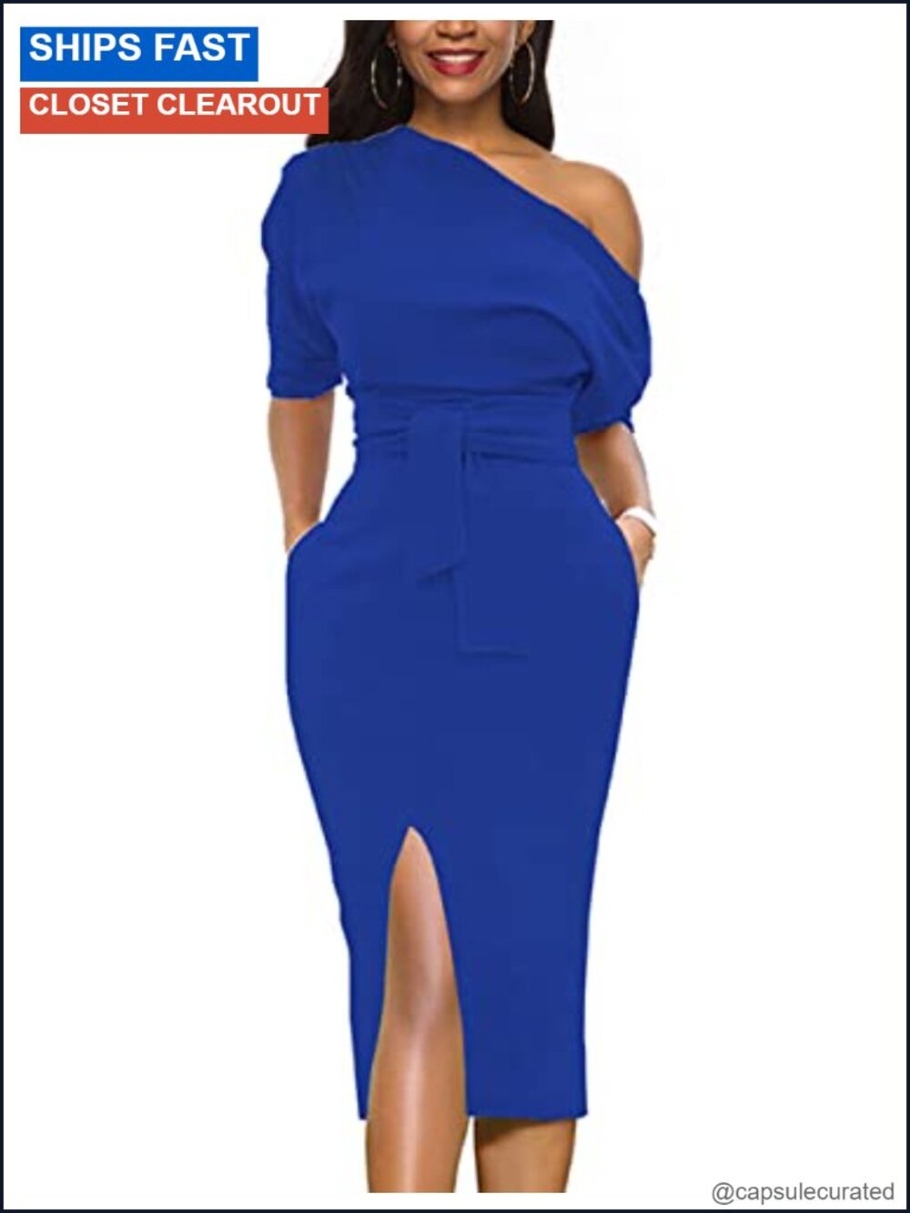 Womens Off Shoulder Short Sleeve Belted Midi Pencil Dress Work Business